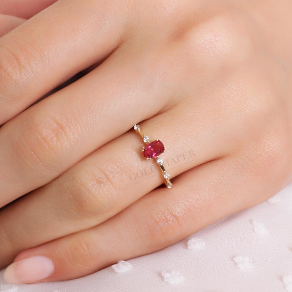 14K Gold Ruby Ring, Ruby Gold Ring, Ruby-Zircon Ring, Gold July Birthstone Ring, Gemstone Ring, July Birthstone Ring, 14K Gold Ring.