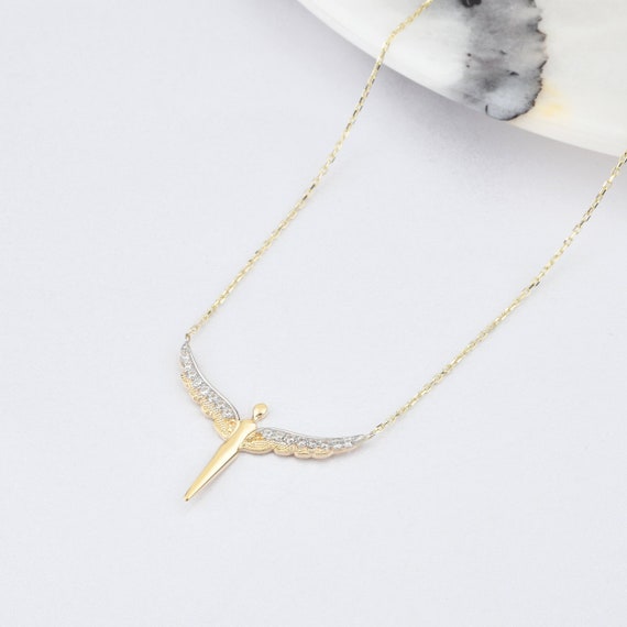 14K Gold Angel Necklace, Gold Angel Necklace, Angel Guardian Necklace, Angel Charm Necklace, 14K Gold Necklace, Guardian Angel Necklace.