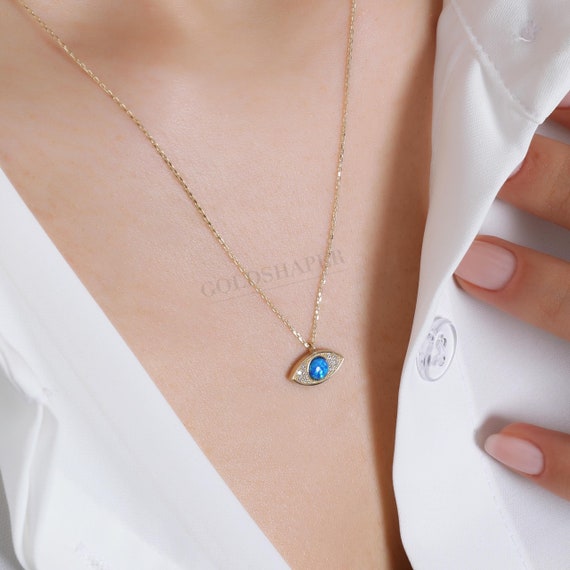 Opal Eye Necklace, 14K Gold Eye Opal Necklace, Blue Opal Necklace, Opal Necklace, Eye Necklace, Eye Gold Necklace, October Birthstone, 14K.