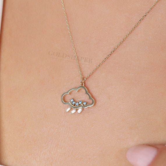 14K Gold Cloud Necklace, Rain Cloud Necklace, Cloud Charm Necklace, Rain Necklace, 14K Gold Cloud Pendant, Weather Necklace, 14K Gold.