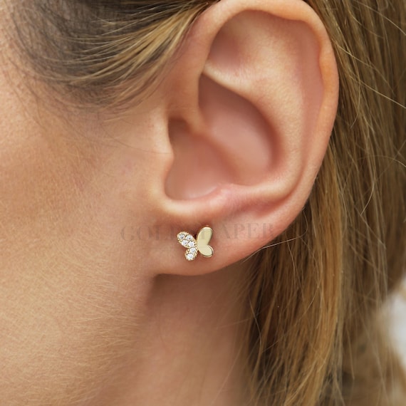 Butterfly Tiny Gold Earrings, 14K Gold  Butterfly Earrings, Butterfly Gold Stud Earrings, Bird Earrings, Animal Earrings, Gold Stud Earrings