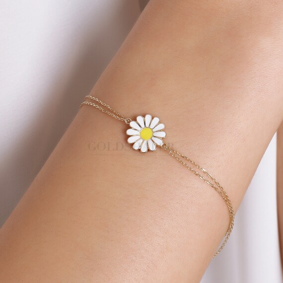 Daisy Gold Bracelet With Enamel, 14K Gold Daisy Bracelet, Flower Bracelet, Enamel Bracelet, Gold Flower Charm Bracelet, 14K Gold Bracelet.