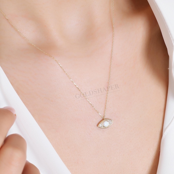 Opal Eye Necklace, 14K Gold Eye Opal Necklace, White Opal Necklace, Opal Necklace, Eye Necklace, Eye Gold Necklace, October Birthstone, 14K.