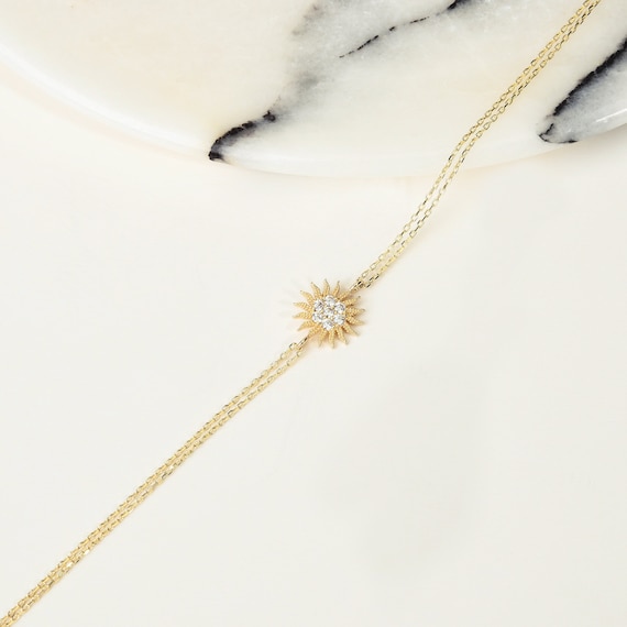 Sun Bracelet, 14K Gold Sun Bracelet, Sunshine Bracelet, Calestial Bracelet, Gold Sun Charm Bracelet, 14K Gold Bracelet.