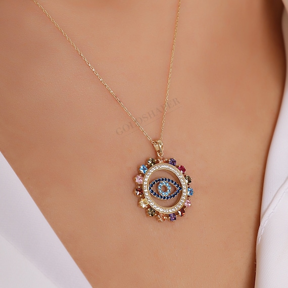 14K Gold Evil Eye Necklace, Gold Evil Eye Necklace, Eye Necklace, Evil Eye Charm Necklace, Nazar Necklace, Evil Eye Pendant, Gold Necklace.