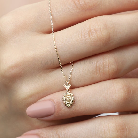14K Gold Lion Necklace, Gold Lion Head Necklace, Lion Necklace, Lion Charm Necklace, Animal Necklace, Gold Animal Necklace.