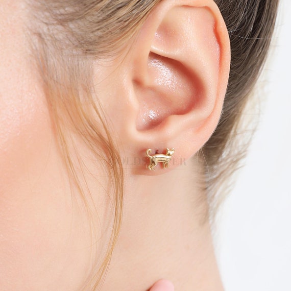 14K Gold Cat Earrings, Cat Stud Earrings, Cat Gold Earrings, Cat Earrings, Gold Animal Earrings, Gold Stud Earrings.