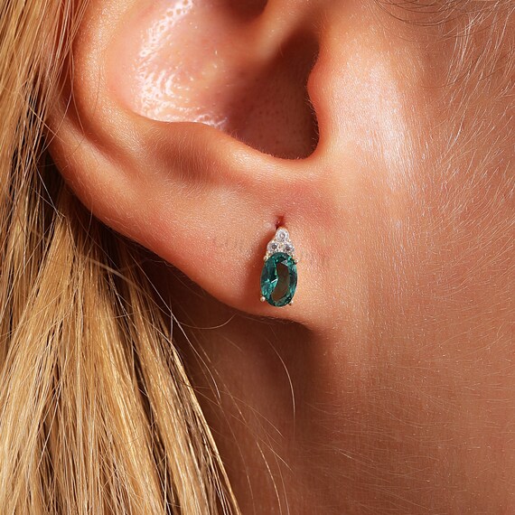 14K Gold Emerald Earrings, Emerald Stud Earrings, Emerald Gold Earrings, May Birthstone Earrings, 14K Gold Stud Earrings. 14K Gold Earrings.