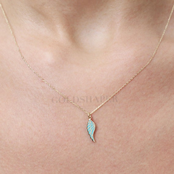 Angel Wing Necklace With Enamel, 14K Gold Wing Necklace, Wing Necklace, Angel Necklace, Angel Guardian Necklace, Angel Wing Charm Necklace.