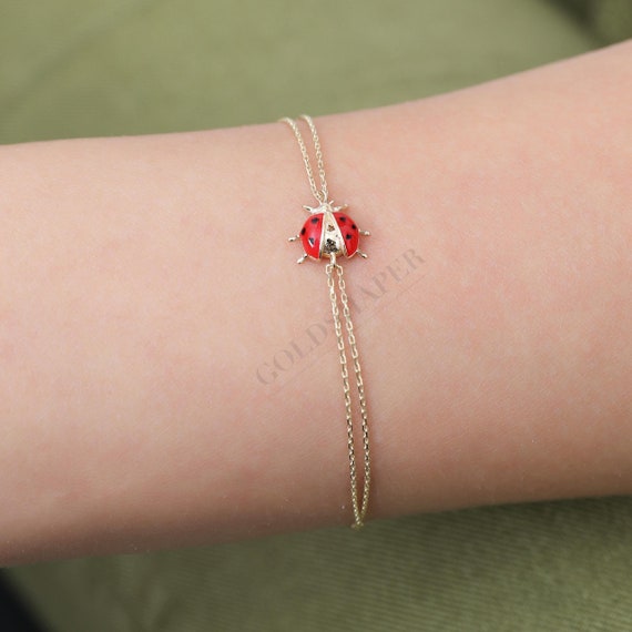 14K Gold Ladybird Bracelet, Ladybug Bracelet, Ladybug Charm Bracelet, Ladybird Charm Bracelet, Gold Animal Charm Bracelet, 14K Gold Bracelet