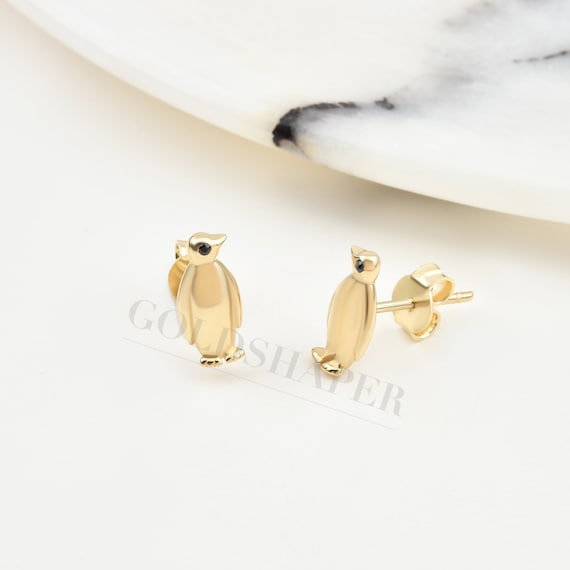 14K Gold Penguin Earrings, Penguin Stud Earrings, Penguin Gold Earrings, Penguin Earrings, Gold Animal Earrings, Gold Stud Earrings.