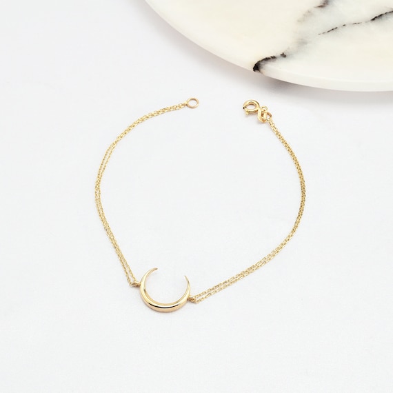 14K Gold Moon Bracelet, Gold Horn Bracelet, Moon Charm Bracelet, Horn Bracelet, Gold Moon Bracelet, 14K Gold Bracelet.