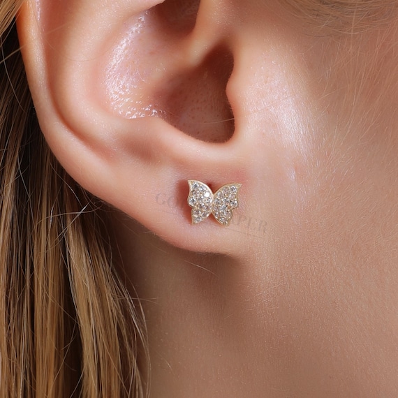 Butterfly Gold Earrings, 14K Gold  Butterfly Earrings, Butterfly Gold Stud Earrings, Bird Earrings, Gold Animal Earrings, Gold Stud Earrings