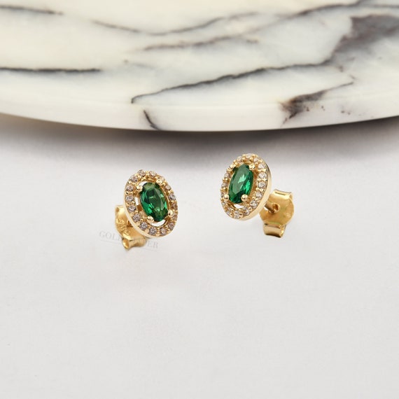 14K Gold Emerald Earrings, Emerald Stud Earrings, Emerald Gold Earrings, May Birthstone Earrings, 14K Gold Stud Earrings. 14K Gold Earrings.
