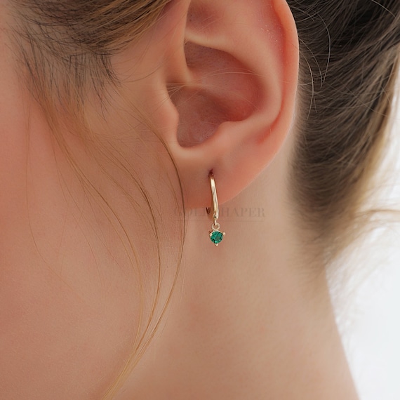 Emerald Hoop Earrings, 14K Gold Emerald Earrings, Emerald Charm Gold Hoop Earrings, Gemstone Earrings, Gold Gemstone Earrings, 14K Earrings.