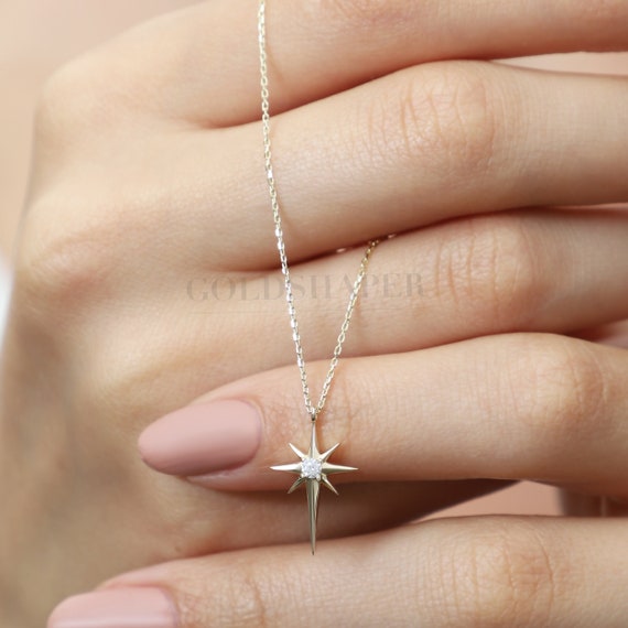 14K Gold North Star Necklace, Gold North Star Necklace, North Star Charm Necklace, Star Necklace, North Star Pendant, Gold Necklace.