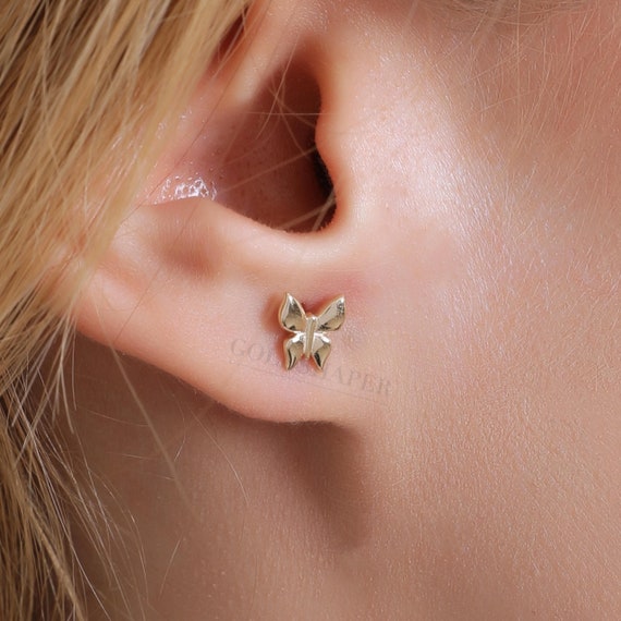 Butterfly Tiny Gold Earrings, 14K Gold  Butterfly Earrings, Butterfly Gold Stud Earrings, Bird Earrings, Animal Earrings, Gold Stud Earrings