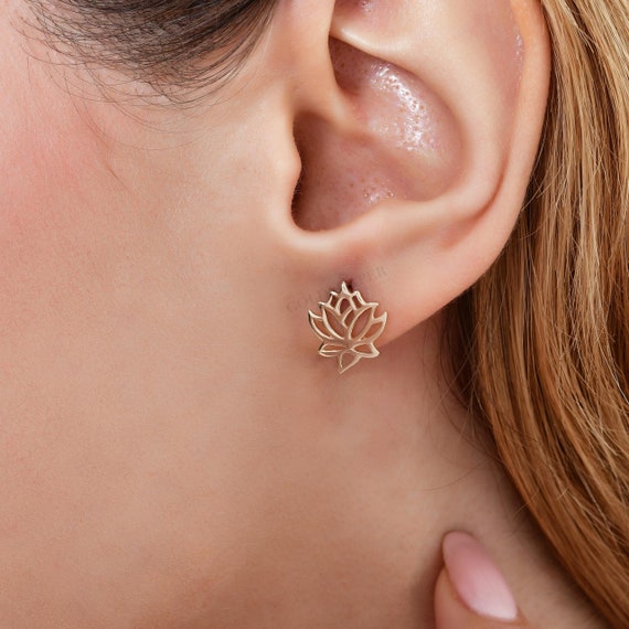 Lotus Gold Earrings, 14K Gold Lotus Earrings, Lotus Gold Stud Earrings, Flower Earrings, Lotus Earrings, Flower Gold Earrings, 14K Gold.