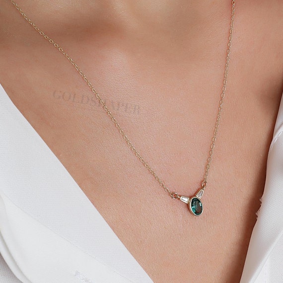 14K Gold Emerald Necklace, 14K Gold Emerald Necklace, Emerald Stone Necklace, May Birthstone, Gemstone Necklace, May Birthstone Necklace
