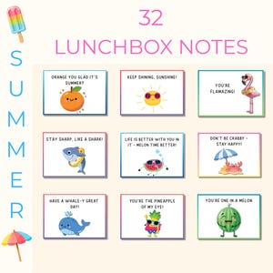 Op de afbeelding: Een verzameling van 32 lunchboxnotities met een zomerthema. Elke notitie bevat een kleurrijke illustratie en een woordspeling, zoals een lachende sinaasappel met de tekst "Orange you glad it's summer?" Andere notities bevatten een haai, een zon, een flamingo, een krab, een walvis, een ananas en een watermeloen.