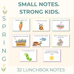 Könnte beinhalten: Ein Set aus 32 Lunchbox-Notizen mit dem Text SMALL NOTES. STRONG KIDS. SPRING und 32 LUNCHBOX NOTES. Die Karten zeigen Illustrationen einer Karotte, eines Käfers, eines Regenschirms mit Tulpen, einer Blumenkiste, eines Vogels im Nest, eines Hasen.