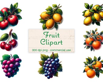 Fruits Clipart Bundle, Watercolor Fruit Png, Digital Clipart, Spring Clipart, 300 Dpi Instant Download for Commercial Use
