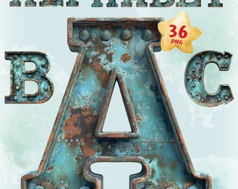 Rustic Metal Alphabet Letters: Riveted Blue Texture (PNG Digital Download)
