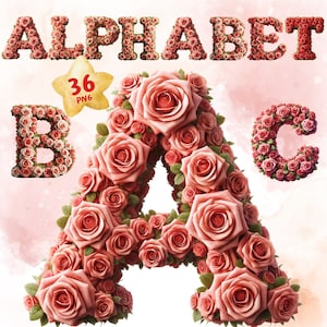 Fonte floral, alfabeto rosa e números - letras 3D românticas, para casamentos, aniversários, decoração de casa, floral elegante, decoração de casamento, floral boho