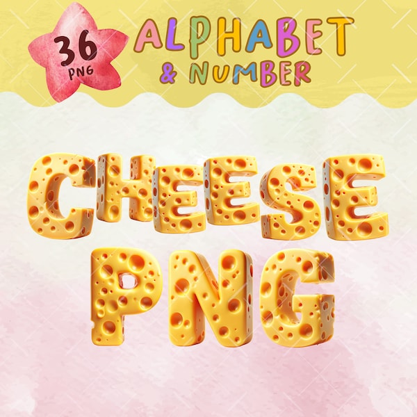 Alphabet PNG Delicious Cheese Themed & Numbers Set for Unique Birthday Invitations and Party Decor , DIY Sublimations , Food Alphabet