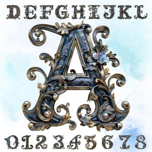 Elegante conjunto de fuentes vintage adornado - Letras y números del alfabeto decorativo, letra 3D, arte tipográfico 3D, sublimación, alfabeto de metal rústico