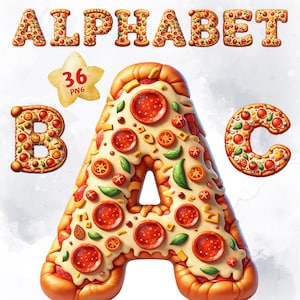 Leckeres Pizza Alphabet und Zahlen - Wandkunst oder eine spielerische Dekoration einer Pizzeria, Food-Alphabet, FRUIT-Alphabet, Illustrationsset, Scrapbook