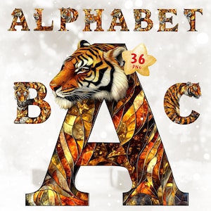 Tiger Alphabet and Number , Jungle Animal Letters Clipart, Wildlife Animal Font, Safari Birthday Decor, Elegant Sublimation, Stained glass