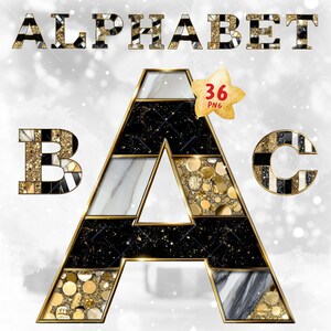 Alfabeto de lujo en mármol dorado y negro con números PNG / Letra elegante / Monograma de boda glamoroso / Alfabeto de lujo en dorado y negro con brillo / Fuente brillante