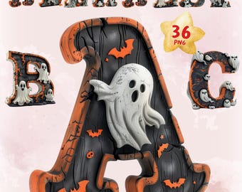 Spooky Ghost Alphabet PNG Set: Halloween Font (Digital Download)