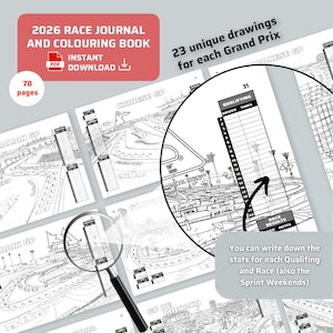 Könnte beinhalten: Ein schwarz-weißes Rennjournal und Malbuch mit 78 Seiten. Das Cover zeigt den Text "2026 Race Journal and Colouring Book" und "Sofort-Download". Das Journal enthält 23 einzigartige Zeichnungen für jeden Grand Prix.