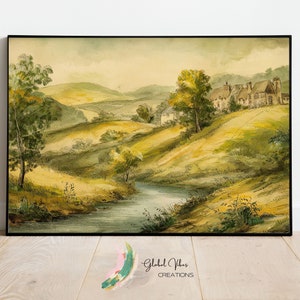 Charming Countryside Painting of Rolling Hills and Rustic Houses, High-Resolution Digital Art Print for Wall Decor, Instant Download