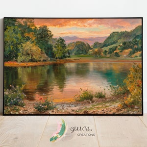 Peaceful Lakeside Evening with Reflections and Blossoming Flowers, High-Resolution Digital Art Print for Wall Decor, Instant Download