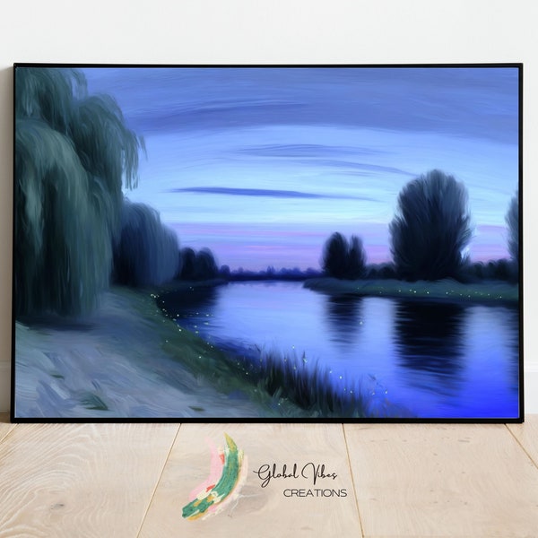 Twilight Serenity - Luminous Fireflies over Calm River, High-Resolution Digital Art Print for Wall Decor, Instant Download