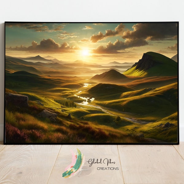 Golden Sunrise - Serene Valleys and Winding River, High-Resolution Digital Art Print for Wall Decor, Instant Download