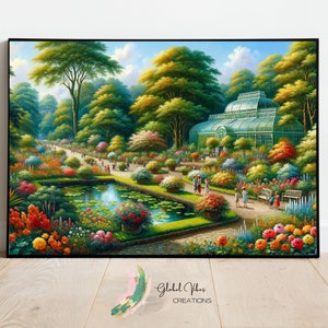 Classic Victorian Garden - Blossoming Flowers and Ornate Glasshouse, High-Resolution Digital Art Print for Wall Decor, Instant Download