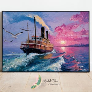 Vintage Steamship at Sunset with Seagulls, Ocean Adventure, High-Resolution Digital Art Print for Wall Decor, Instant Download