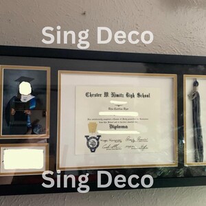 May include: A black framed diploma shadow box with a gold mat. The diploma is from Chester W. Nimitz High School. The box also includes a graduation photo and a tassel.