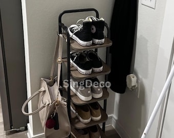 Rustic Wooden Shoe Rack with Hooks: Entryway Organizer