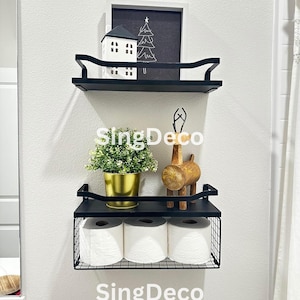 Wooden Bathroom Shelves Set: Floating Shelves with Wire Basket