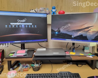 Walnut Dual Monitor Stand Riser: Ergonomic Wood Desktop Organizer
