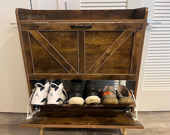 Rustic Wooden Shoe Storage Cabinet with Flip Drawers - Entryway Organizer