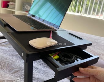 Adjustable Espresso Wood Laptop Bed Tray Desk with Drawer