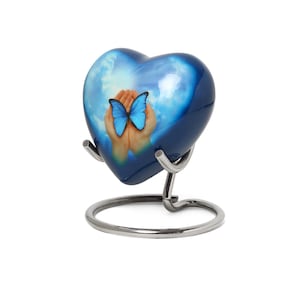 Blue Butterfly Small Love Heart Urn for Human Ashes Remains-Funeral Gift Set of Mini Heart Urn - Display Stand-Velvet Carry Bag-Paper Funnel
