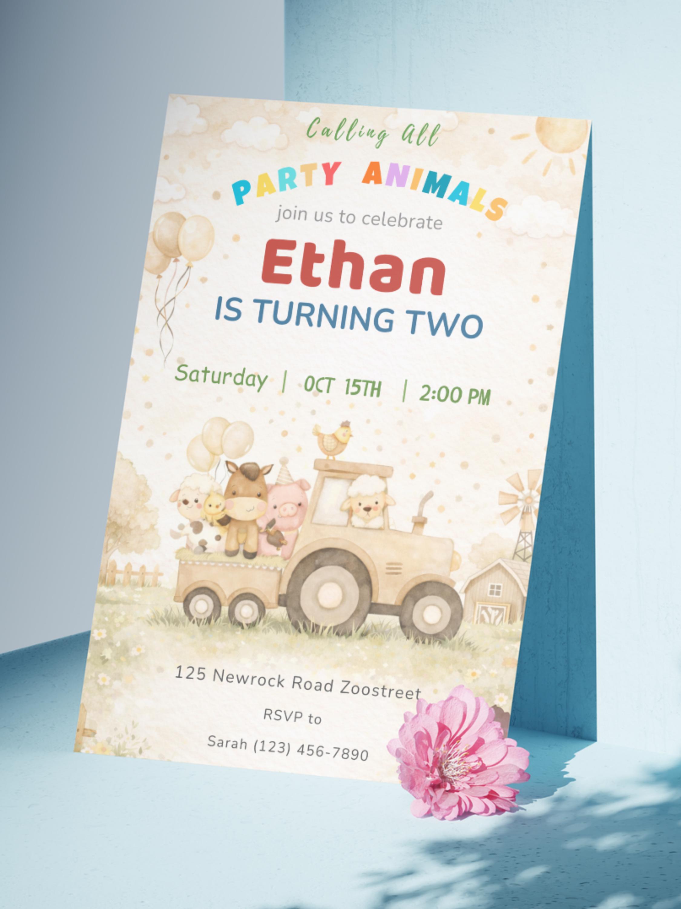 Beige Farm Animals Birthday Invitation 2nd Birthday Editable Canva ...