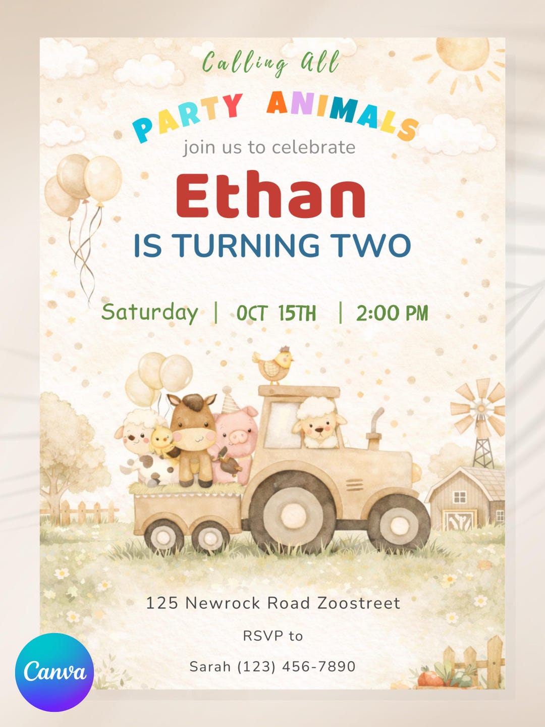 Beige Farm Animals Birthday Invitation 2nd Birthday Editable Canva ...